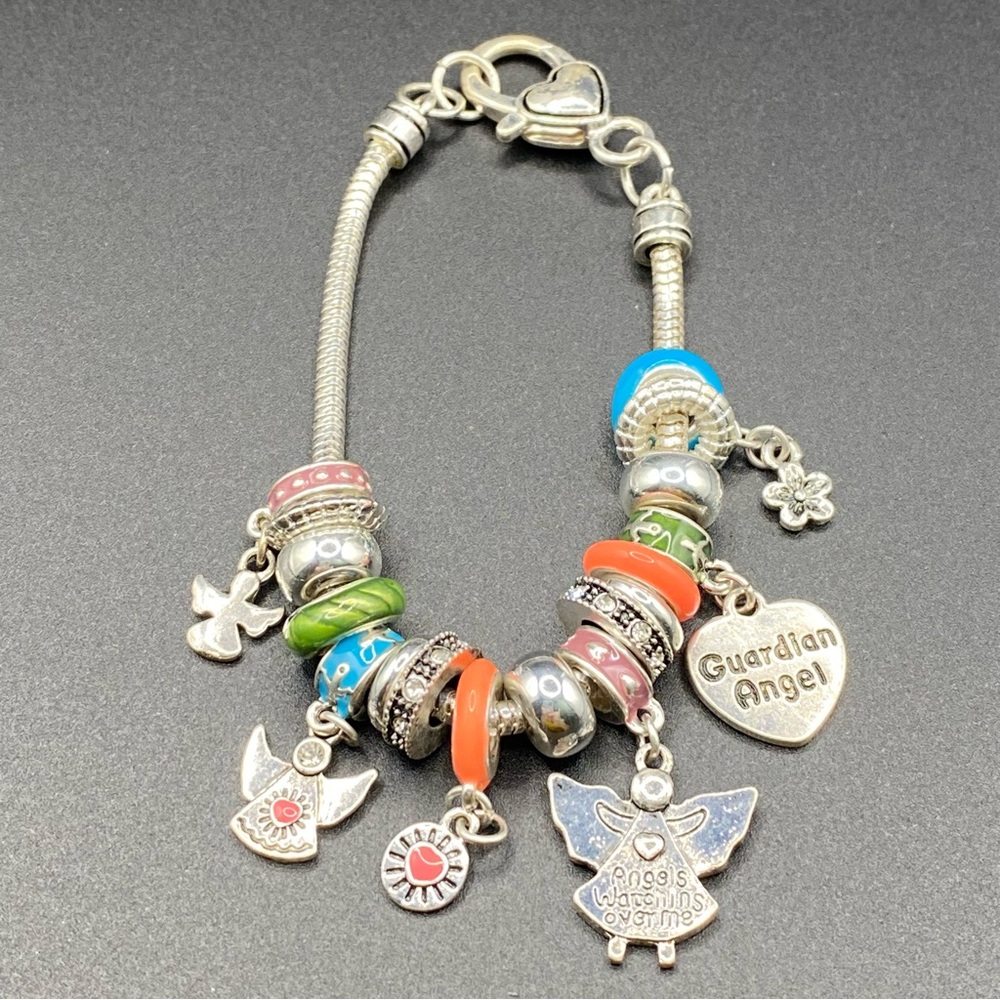 KIM ROGERS Guardian Angel Silver Charm Bracelet Multicolor Beads Coral Green